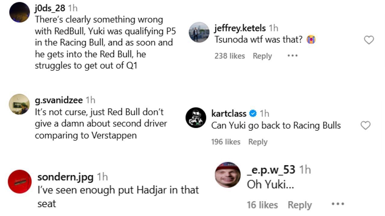Snapshot of comments on Yuki Tsunoda's finish - Credits: Instagram@f1